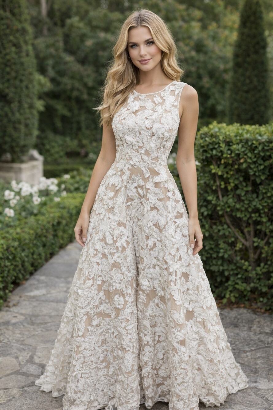 Dress the Population Floral Lace Cocktail Midi Dress XS Nude Illusion Fit Flare